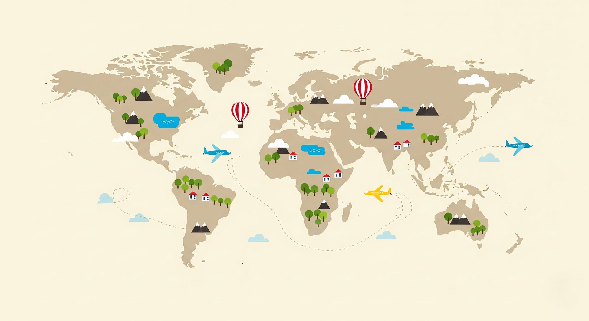 Detailed world map mural wallpaper design pattern with airplanes and landmarks by Kids-Mundo