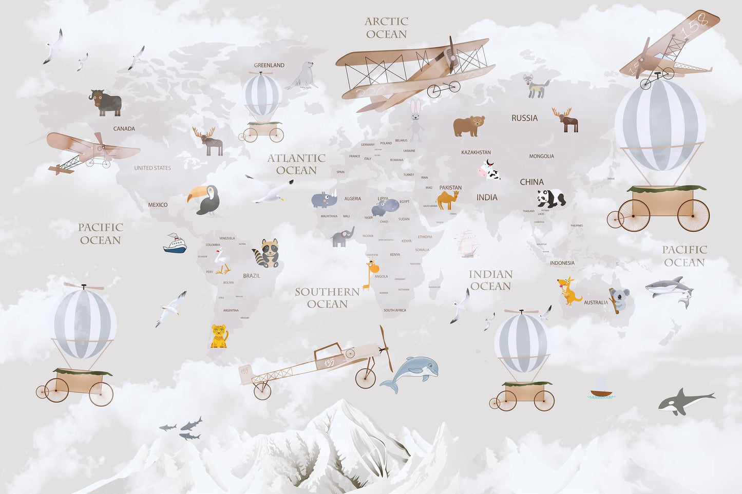 Detailed world map mural wallpaper design pattern with animals and vintage aircraft by Kids-Mundo