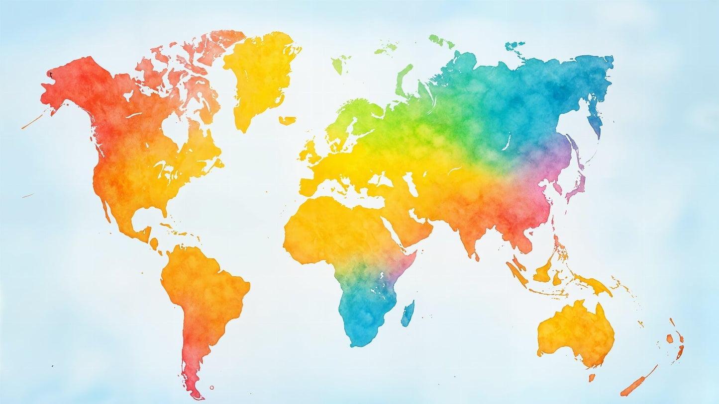 Detailed multicolor watercolor world map mural wallpaper design pattern by Kids-Mundo