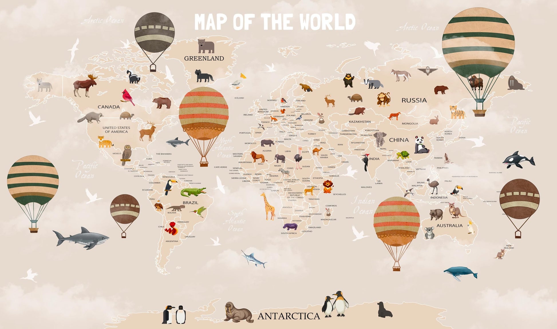 Detailed world map mural wallpaper design pattern with animals and balloons by Kids-Mundo