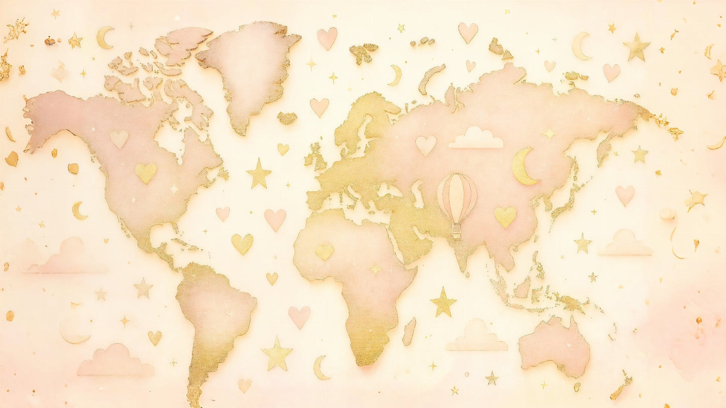 Detailed golden world map mural wallpaper design pattern with stars and hearts by Kids-Mundo