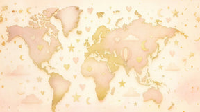 Detailed golden world map mural wallpaper design pattern with stars and hearts by Kids-Mundo