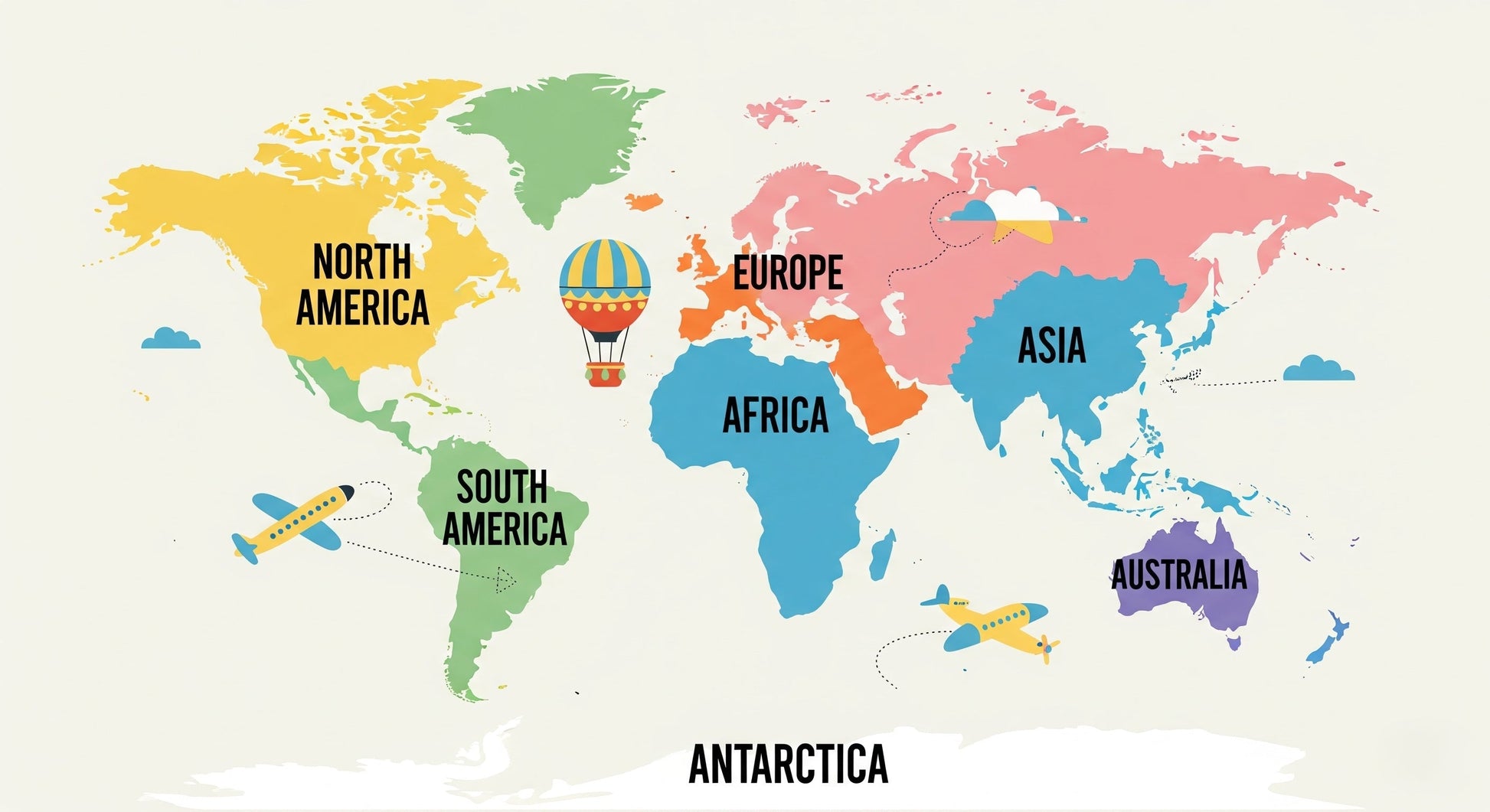 Detailed world map mural wallpaper design pattern with colorful continents planes and balloons by Kids-Mundo