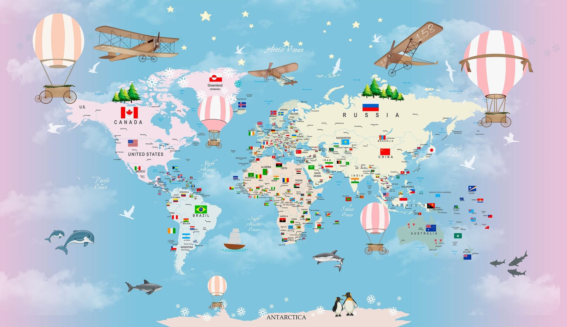 Detailed colorful world map mural wallpaper design pattern with flags and animals by Kids-Mundo