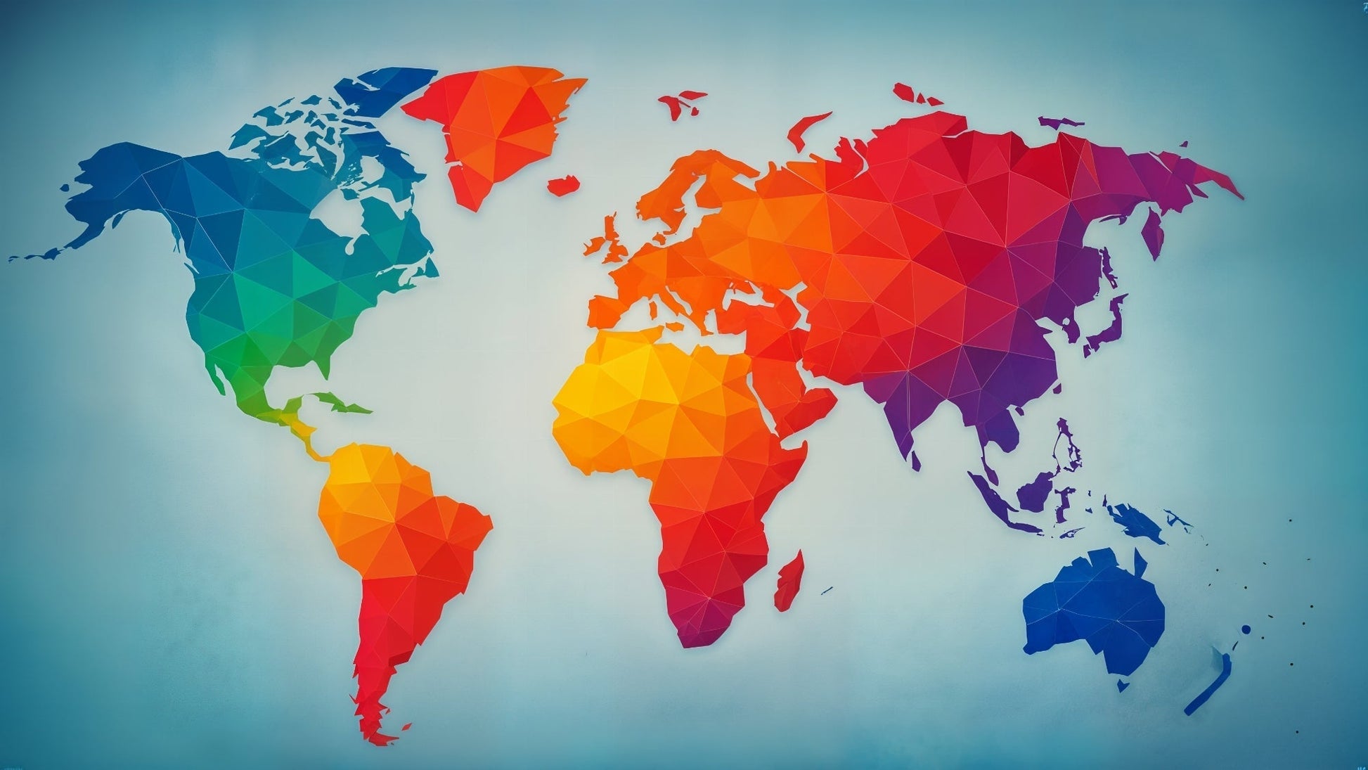 Detailed geometric world map mural wallpaper design pattern showing colorful continents by Kids-Mundo