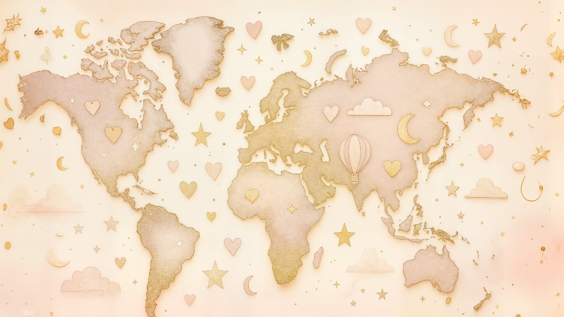 Detailed dreamy world map mural wallpaper design pattern with hearts stars and clouds by Kids-Mundo