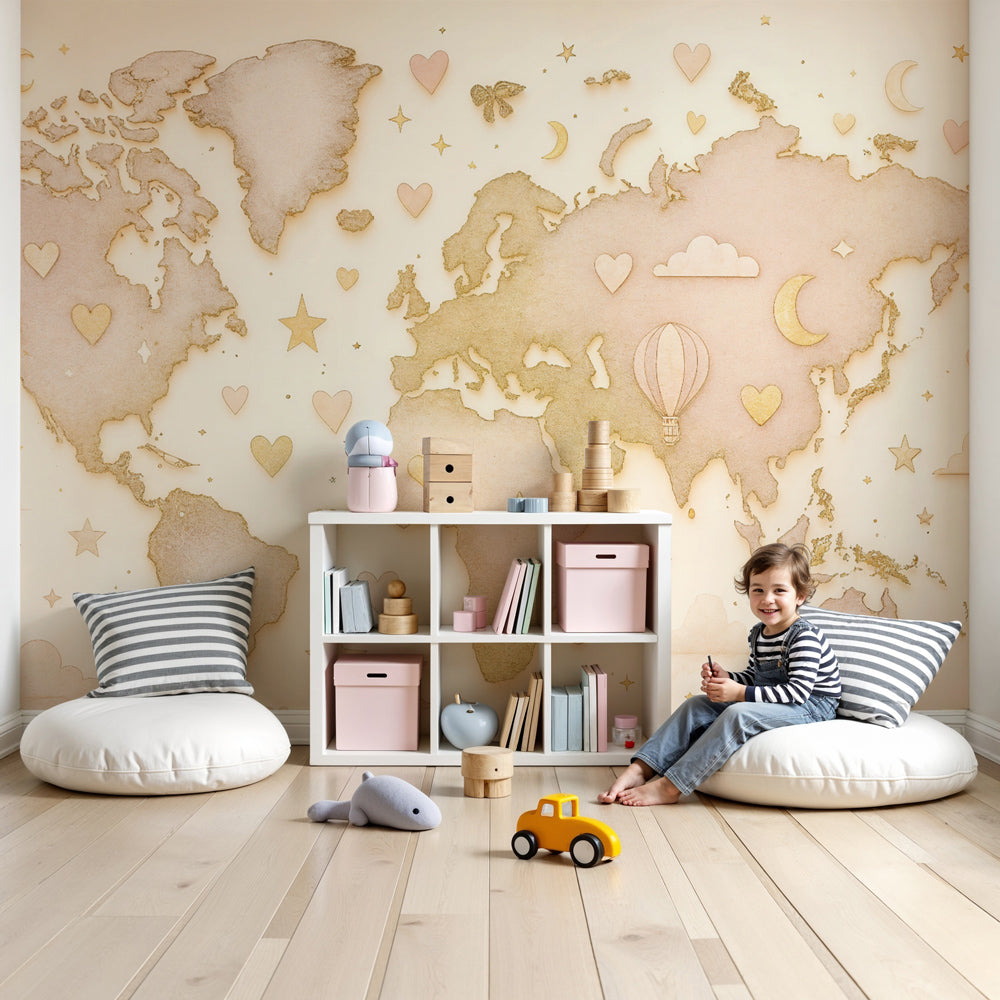 Dreamy world map mural wallpaper with hearts and stars in elegant nursery setting by Kids-Mundo