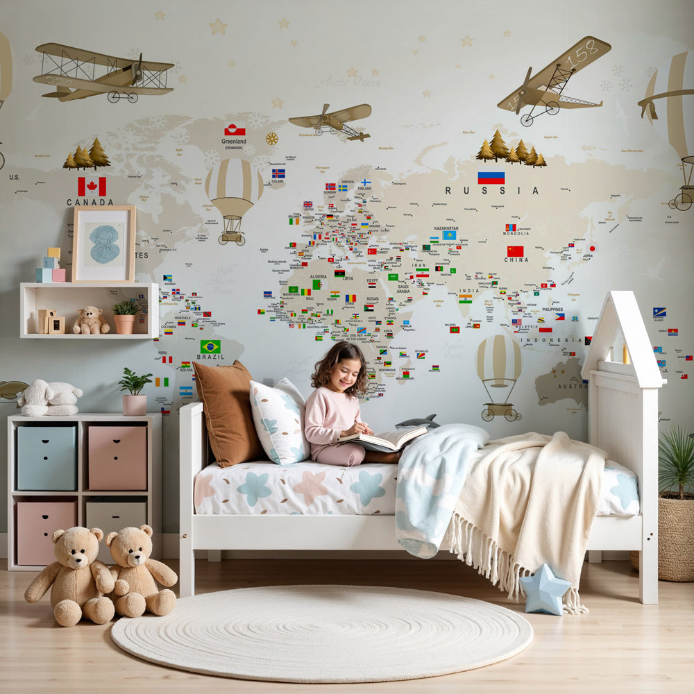 Educational world map mural wallpaper with flags and vintage planes in modern nursery by Kids-Mundo