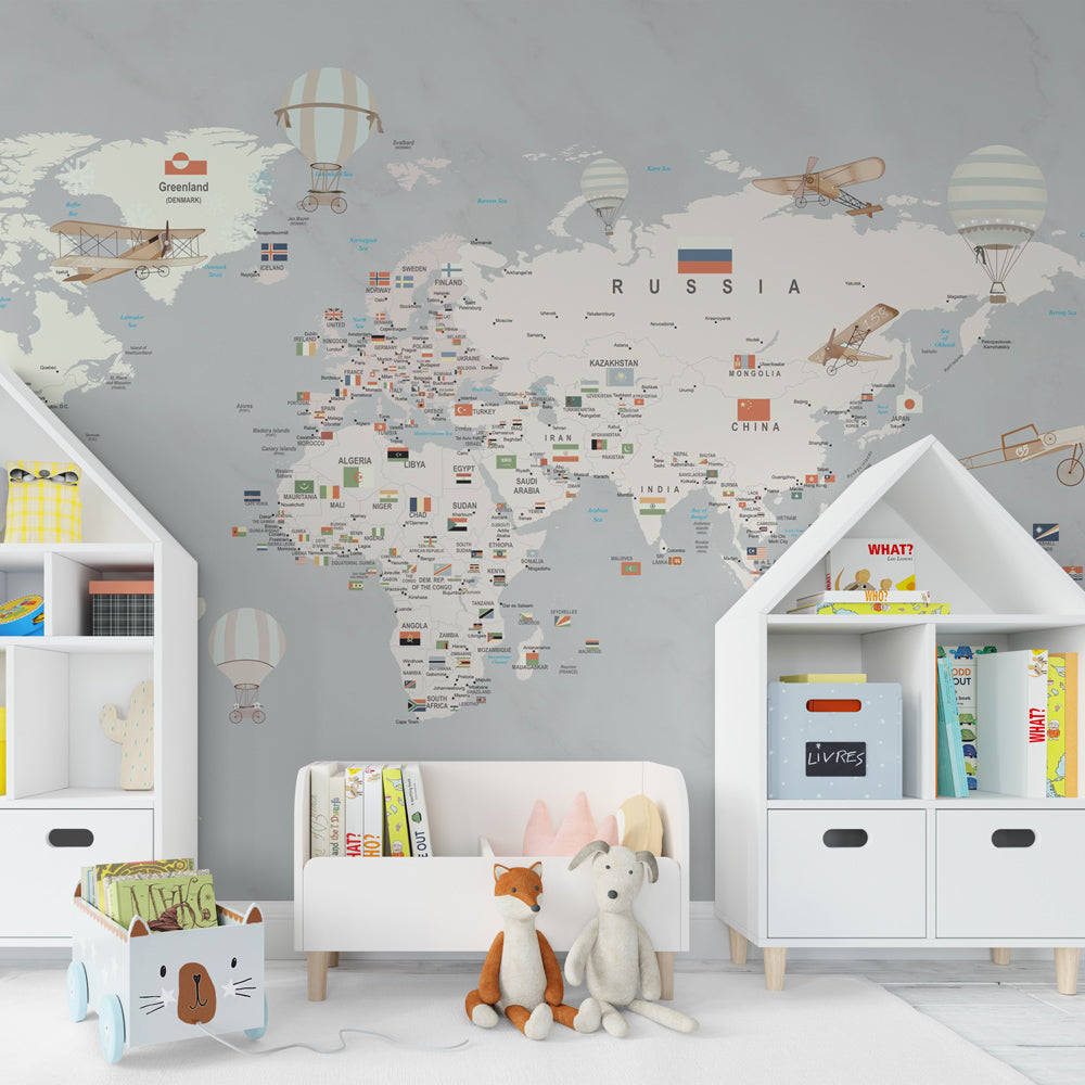 Educational world map mural wallpaper creating inspiring learning space for kids