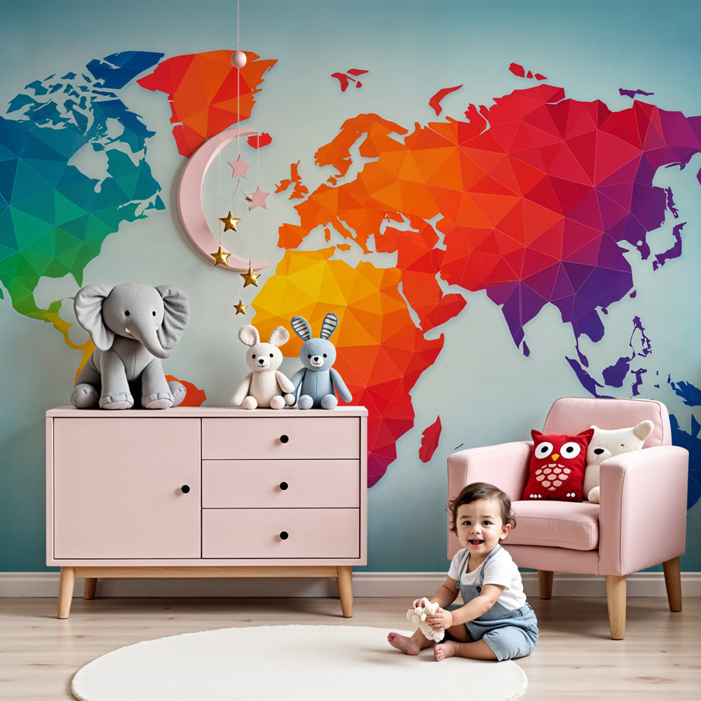 Geometric world map mural wallpaper with colorful continents in modern children's bedroom by Kids-Mundo