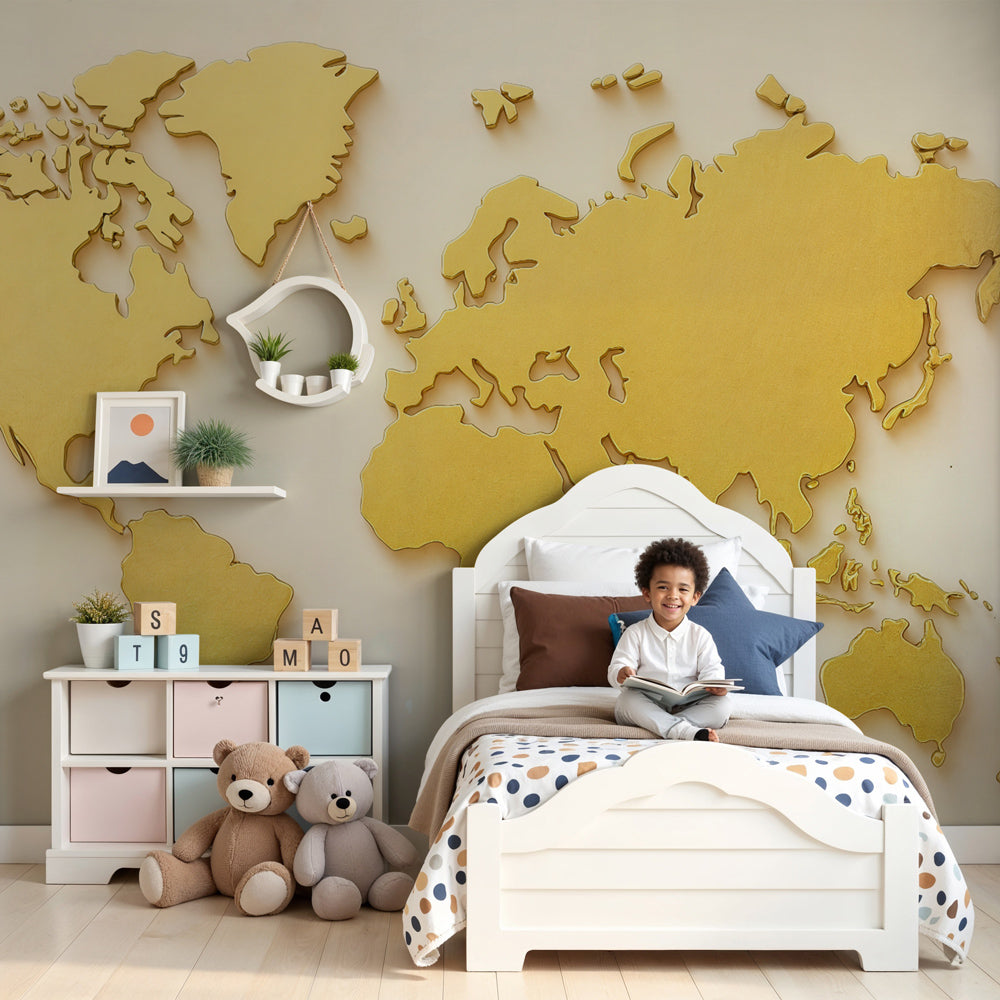 Golden metal world map mural wallpaper in modern kids bedroom by Kids-Mundo
