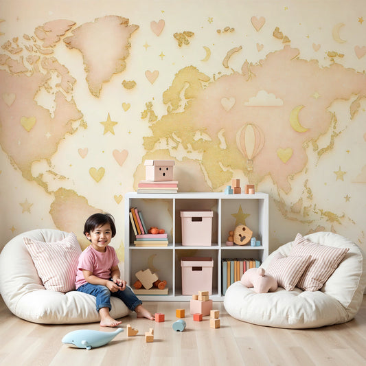 Golden world map mural wallpaper with dreamy design in modern kids nursery by Kids-Mundo