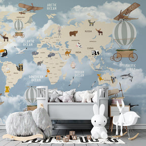 World map adventure wallpaper creating educational kids bedroom decor with vintage airplanes