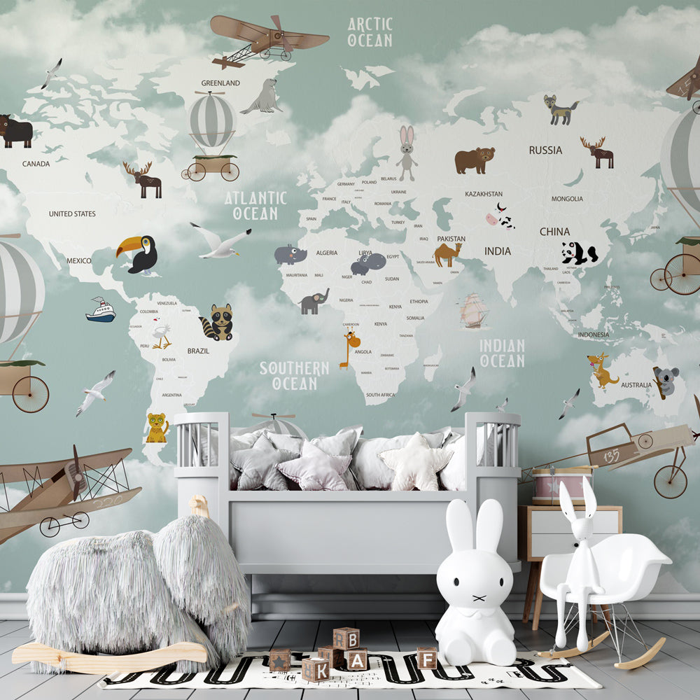 Aerial adventure world map wallpaper creating educational kids bedroom decor with blue tones