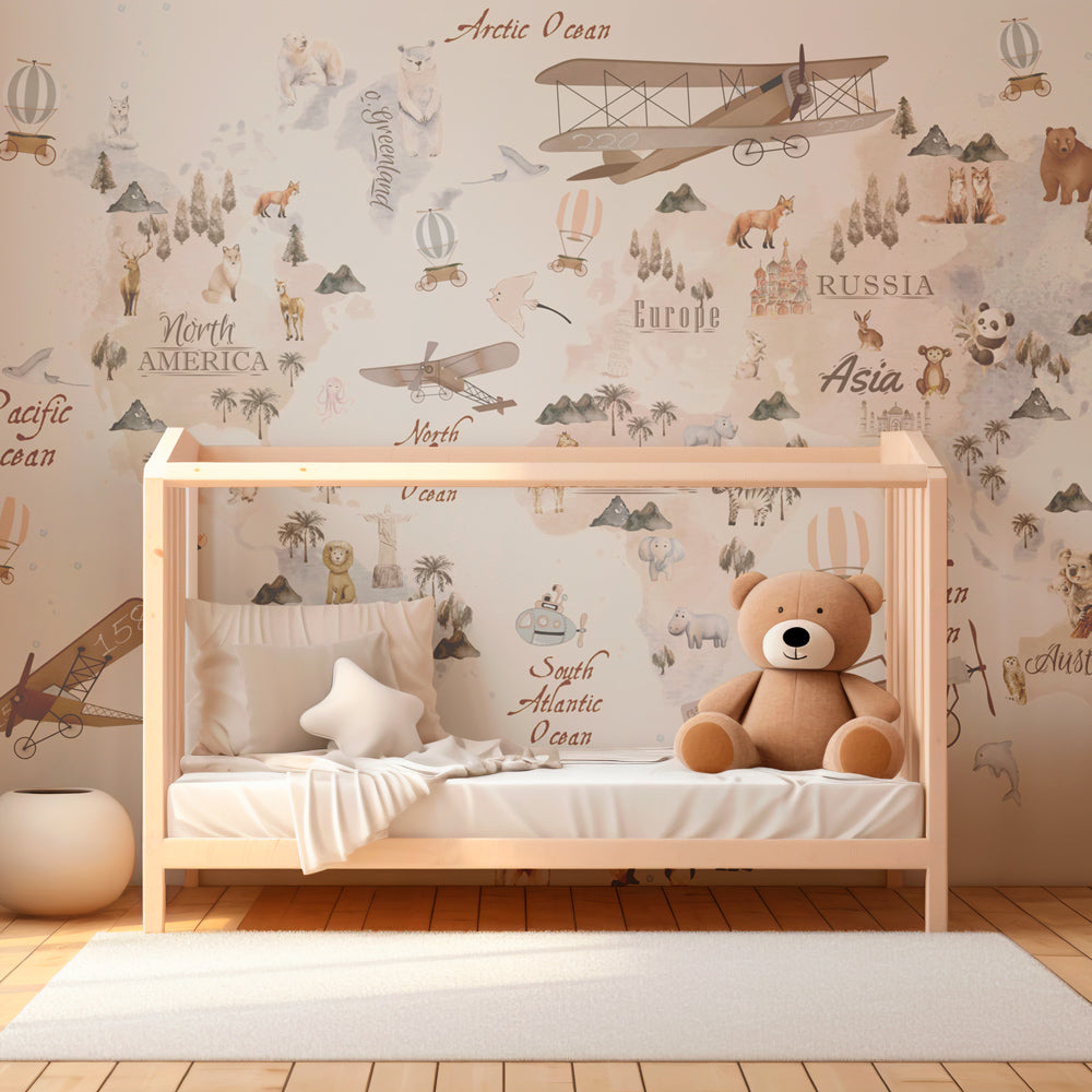 Educational world map wallpaper creating adventurous atmosphere in children's bedroom decor