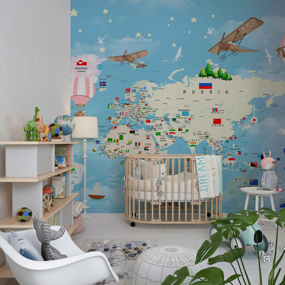 Educational world map wallpaper creating adventure-themed children's bedroom decor
