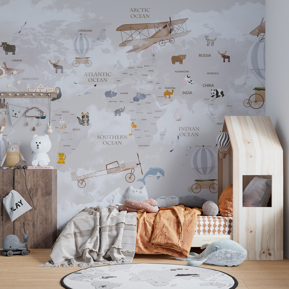 Educational world map wallpaper creating adventurous atmosphere in modern kids bedroom with soft colors