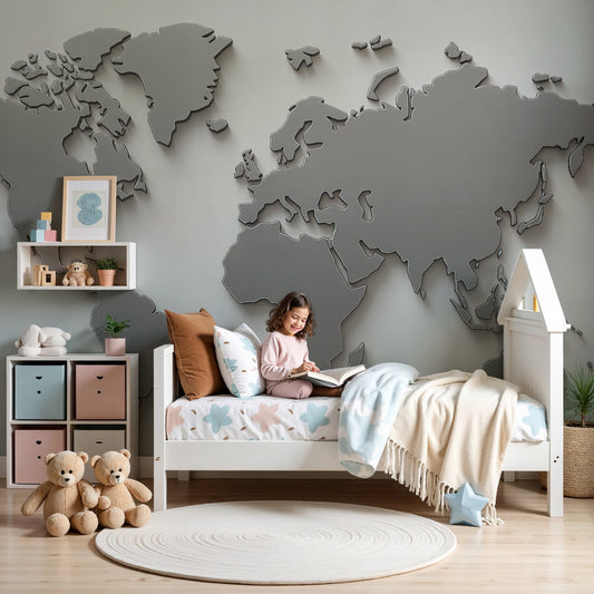 Metal effect world map mural wallpaper in modern kids bedroom with white furniture by Kids-Mundo