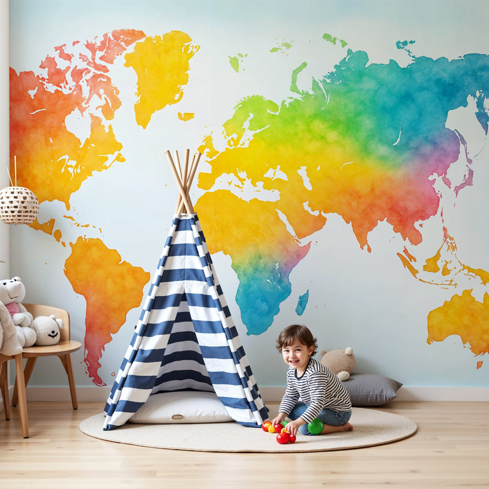 Multicolor watercolor world map mural wallpaper in bright children's nursery by Kids-Mundo