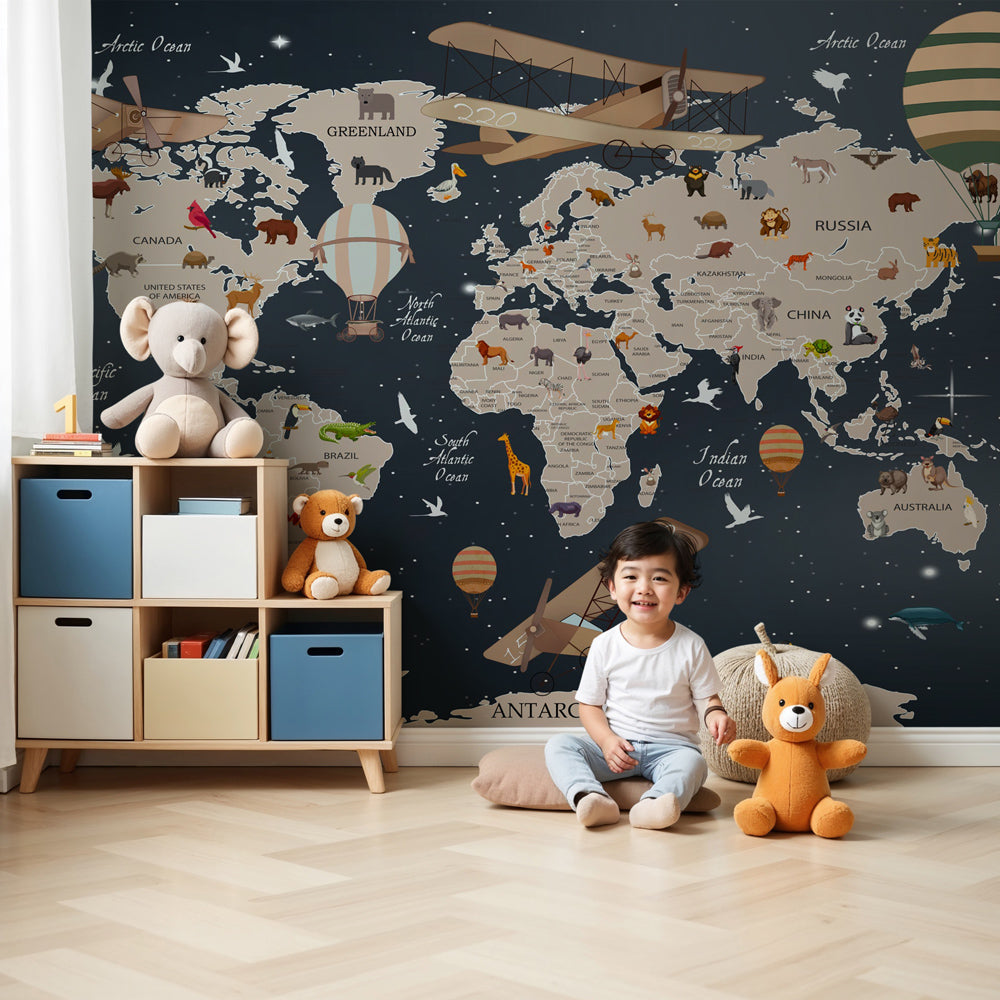 Nighttime world map mural wallpaper with animals and balloons in modern kids bedroom by Kids-Mundo