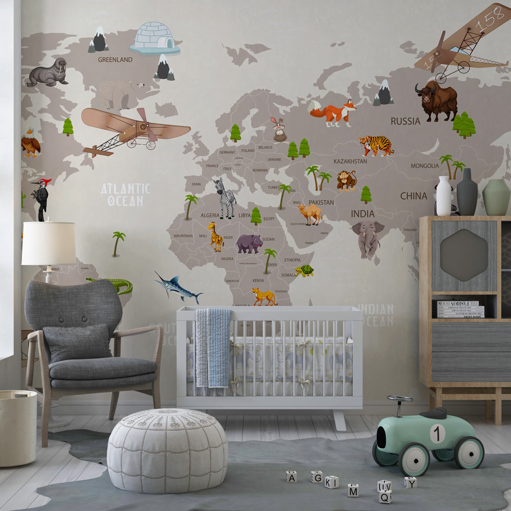 Educational world map wallpaper creating calm learning atmosphere in modern nursery room