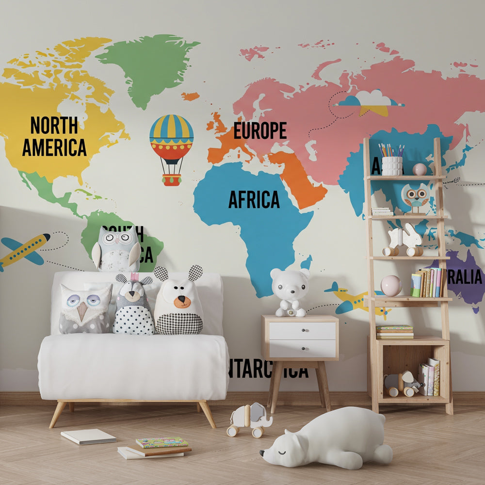 Adventure world map wallpaper creating educational nursery atmosphere with pastel continents