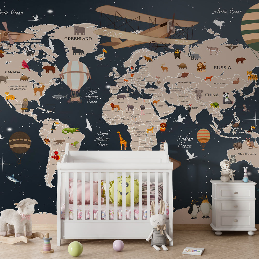 Educational world map wallpaper creating dreamy nursery atmosphere with vintage hot air balloons