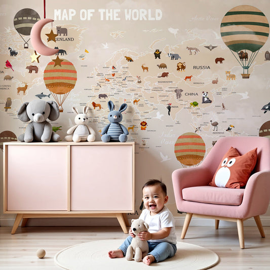 World map mural wallpaper with animals and balloons in modern nursery by Kids-Mundo