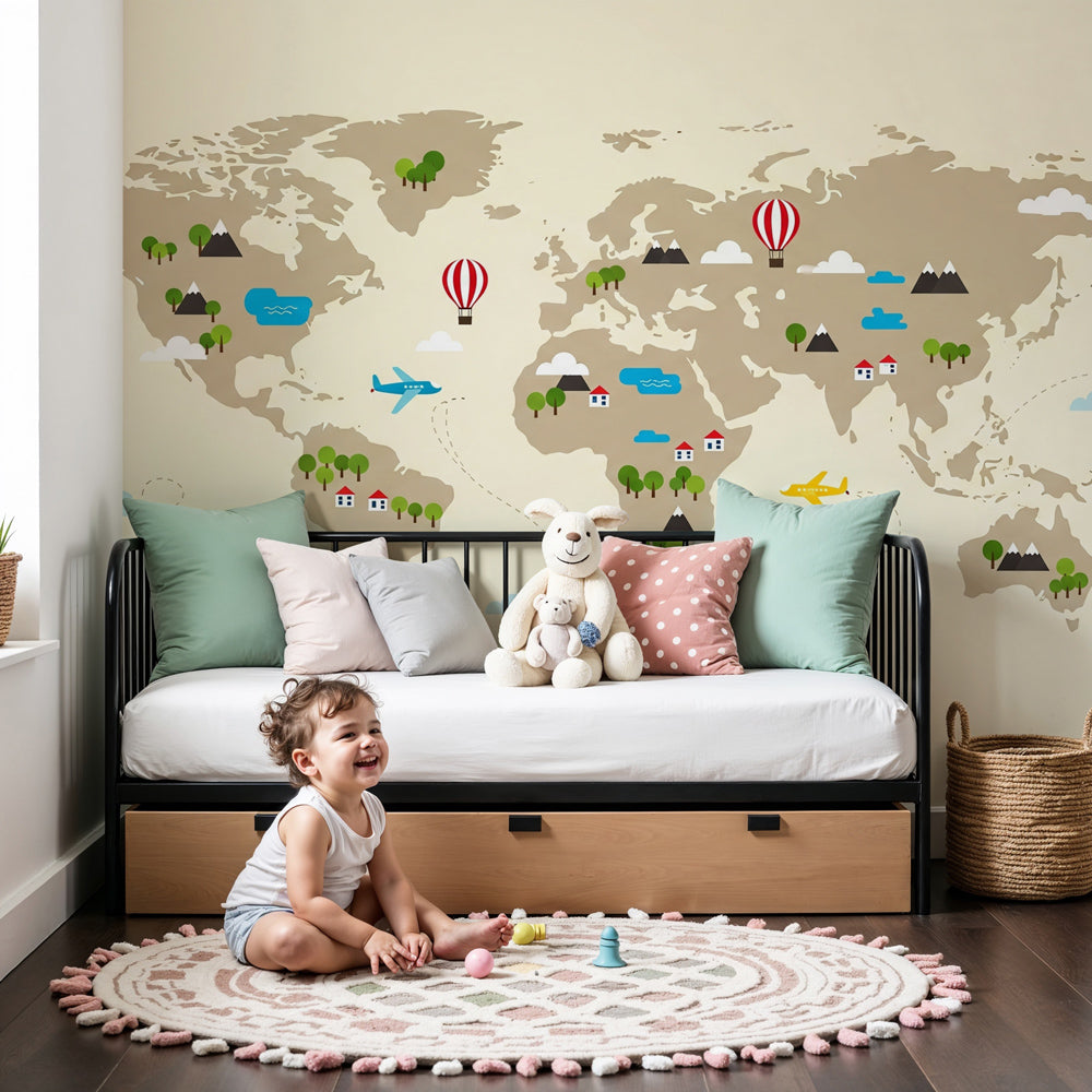 Colorful world map mural wallpaper with airplanes in modern kids nursery by Kids-Mundo
