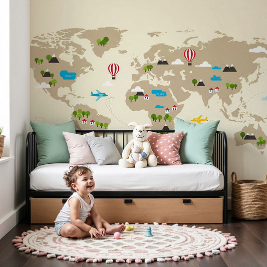 Colorful world map mural wallpaper with airplanes in modern kids nursery by Kids-Mundo