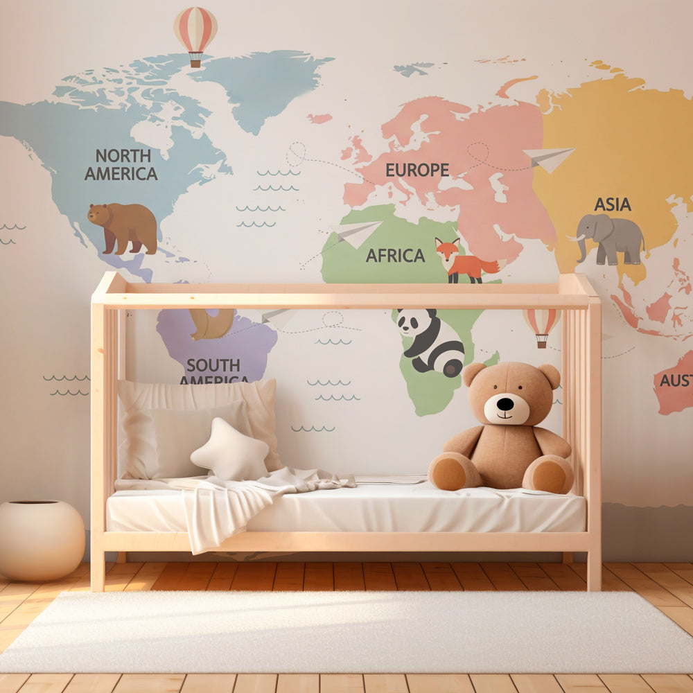 Animal world map wallpaper transforming nursery into learning adventure space
