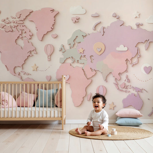 Pastel world map mural wallpaper creating dreamy nursery decor with soft pink and mauve tones by Kids-Mundo