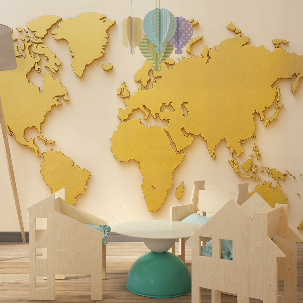 Metallic world map wallpaper inspiring learning and adventure in children's playroom