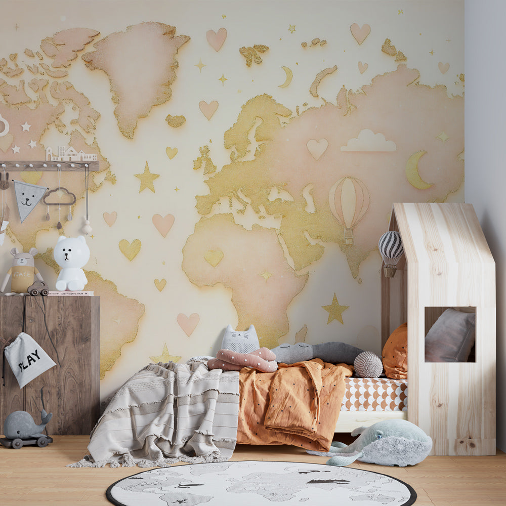 Dreamy golden world map mural wallpaper inspiring imagination in kids playroom setting