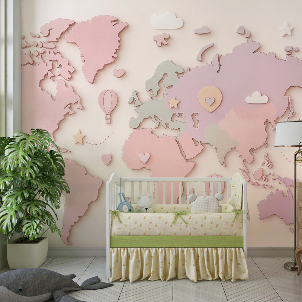 Educational world map mural wallpaper in soft pastels transforming kids' playroom into adventure space