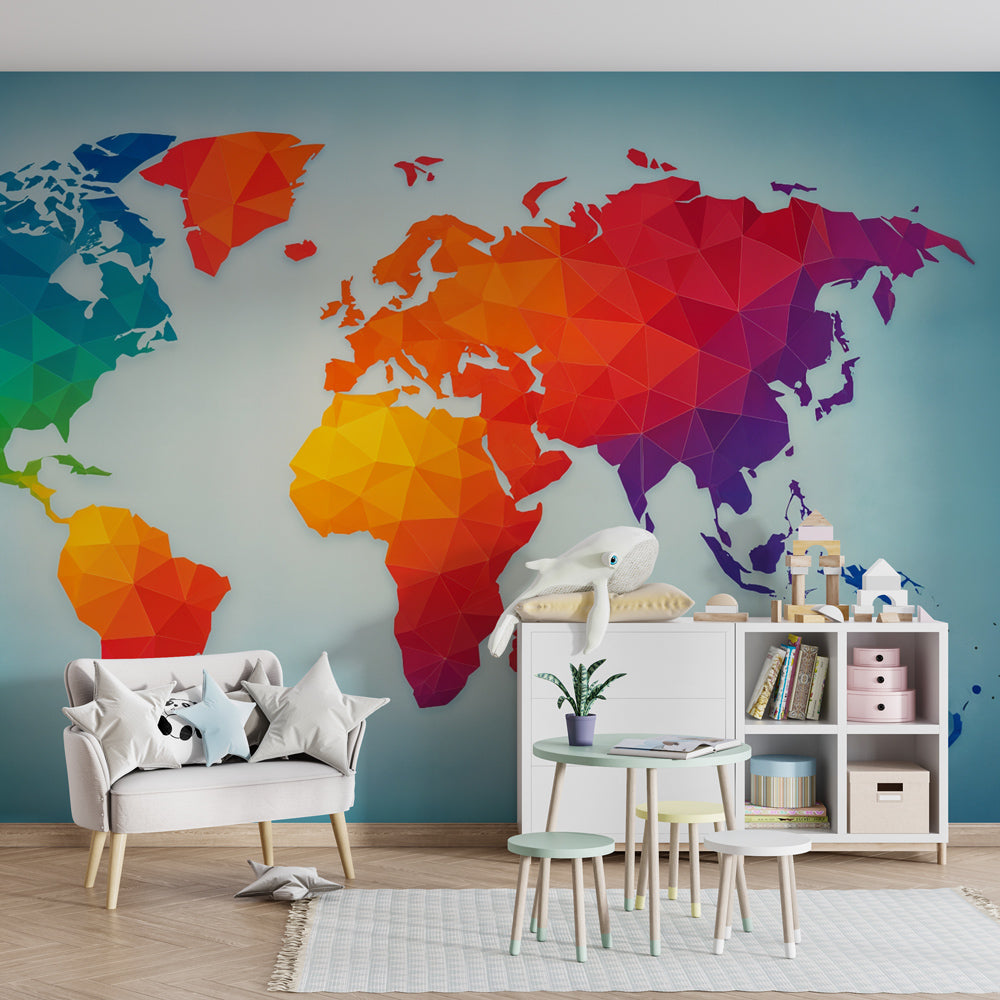 Educational world map mural wallpaper with geometric patterns transforming kids playroom into learning space