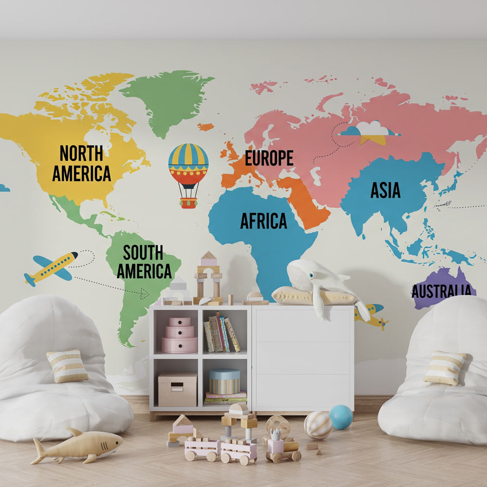 World map children's wallpaper featuring hot air balloon and airplanes in bright playroom setting