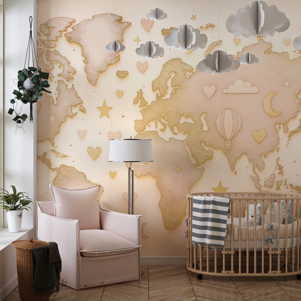 Educational world map mural wallpaper inspiring young explorers in bright playroom space