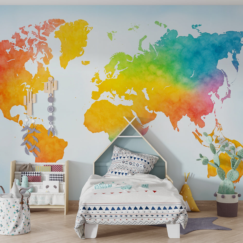 Watercolor world map mural wallpaper transforming children's playroom into inspiring learning space
