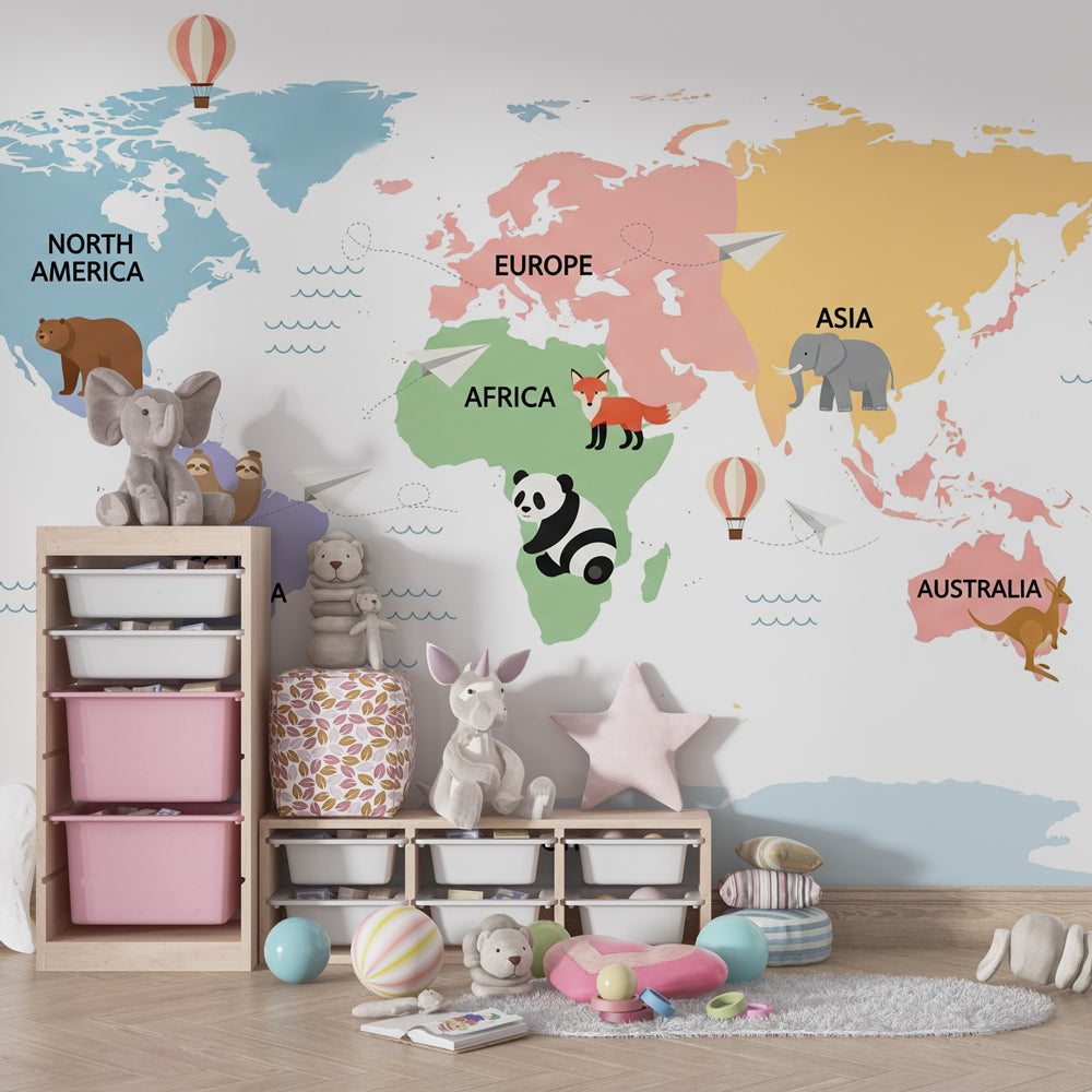 Colorful world map with animals mural wallpaper for children's playroom by Kids-Mundo