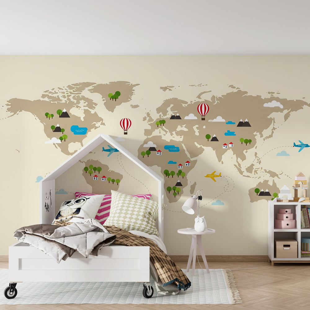 Adventure-themed world map mural wallpaper creating inspiring kids playroom atmosphere