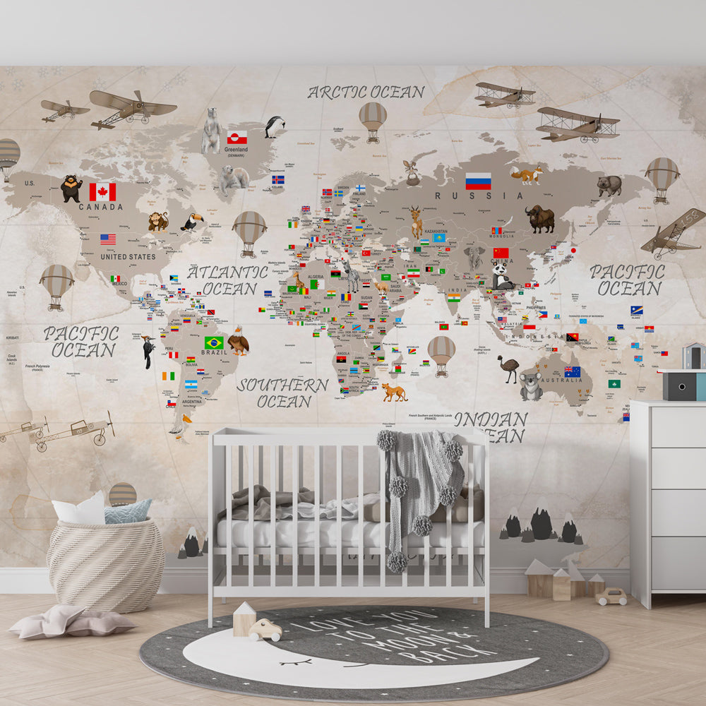 World map mural wallpaper transforming children's playroom into educational discovery space