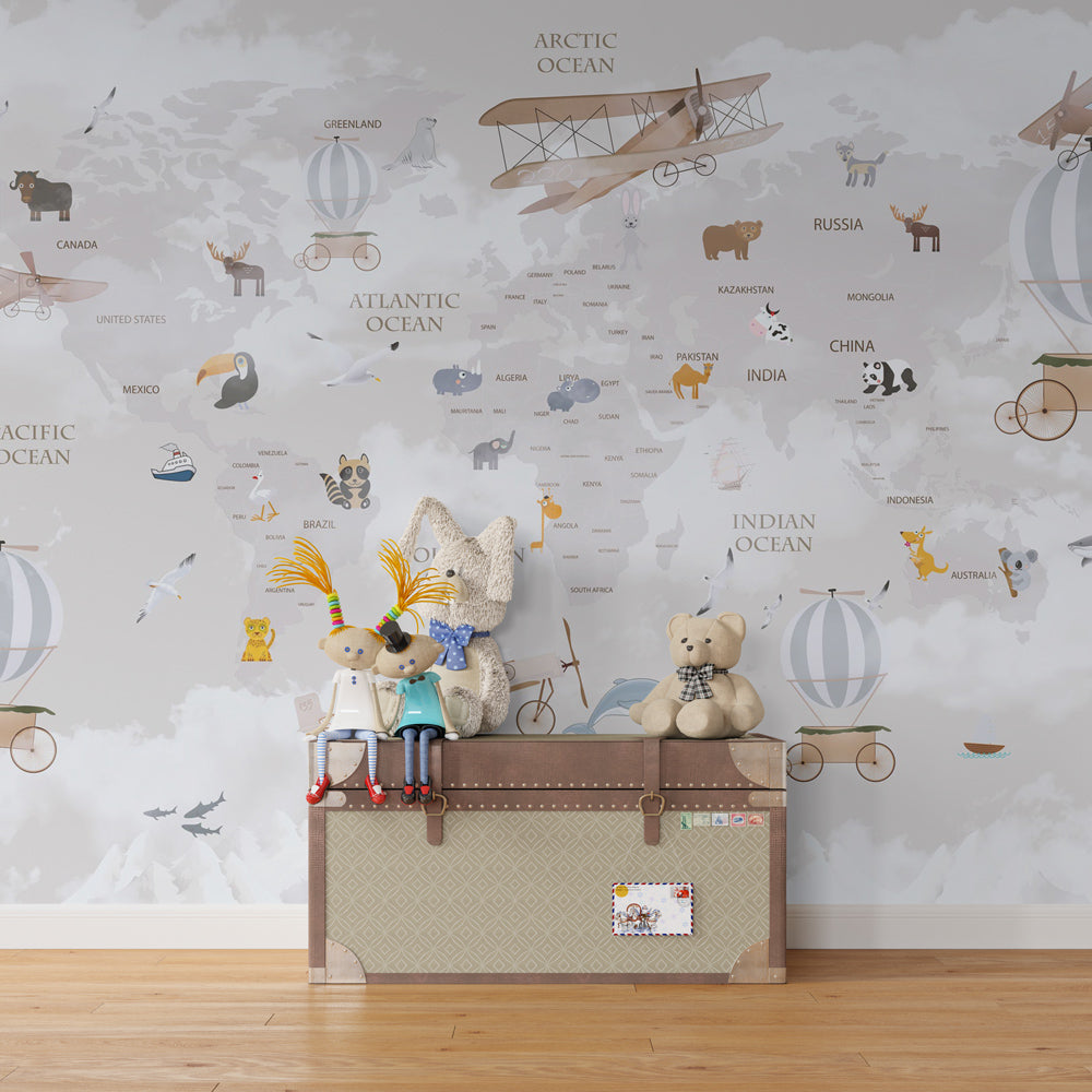 World map mural wallpaper with hot air balloons transforming children's playroom into exploration space