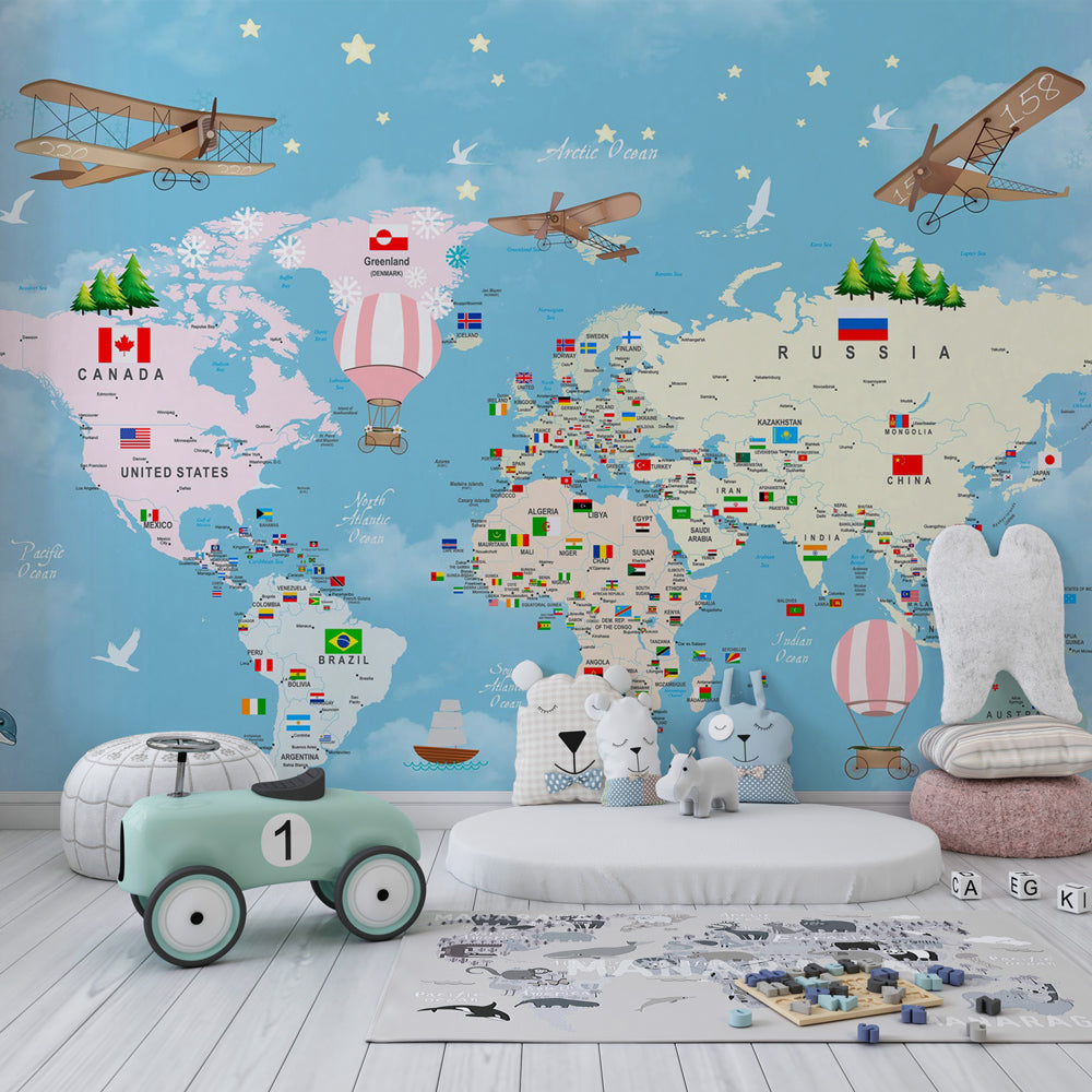 World map mural wallpaper with hot air balloons transforming kids playroom space