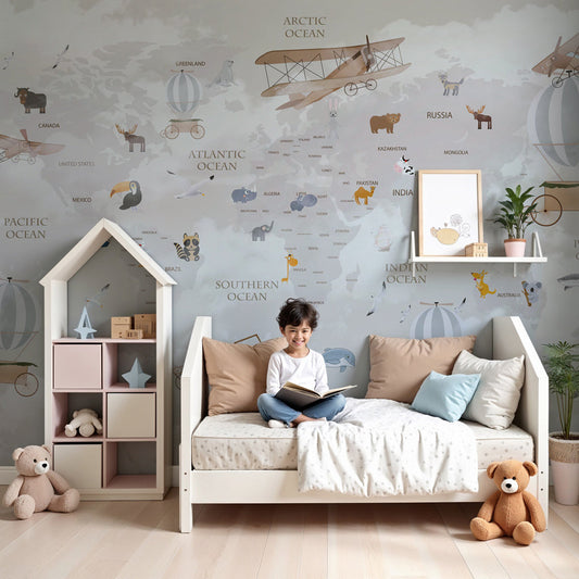 World map mural wallpaper with animals and vintage planes in soft tones for children's nursery by Kids-Mundo
