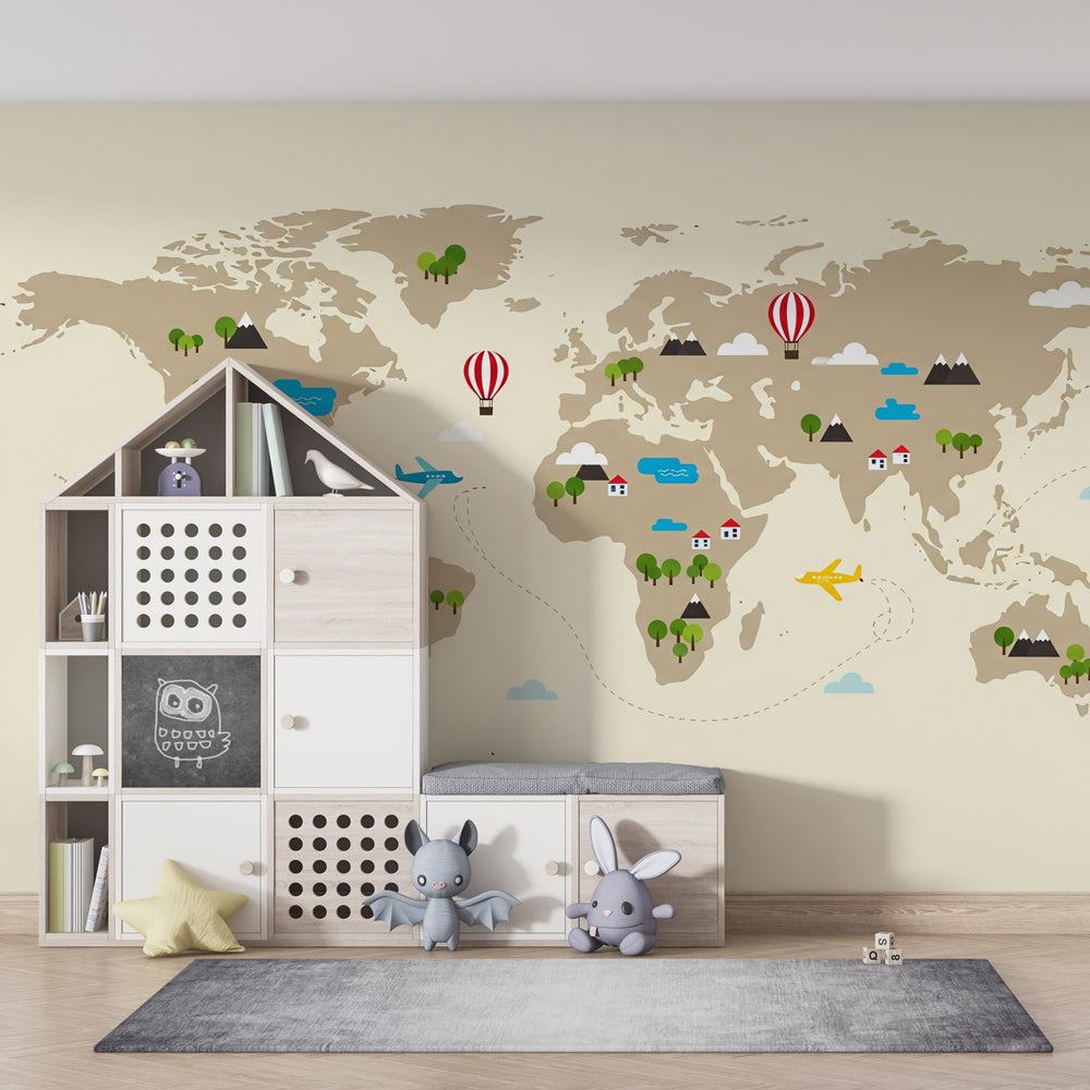 Educational world map wallpaper featuring hot air balloons in bright toddler bedroom