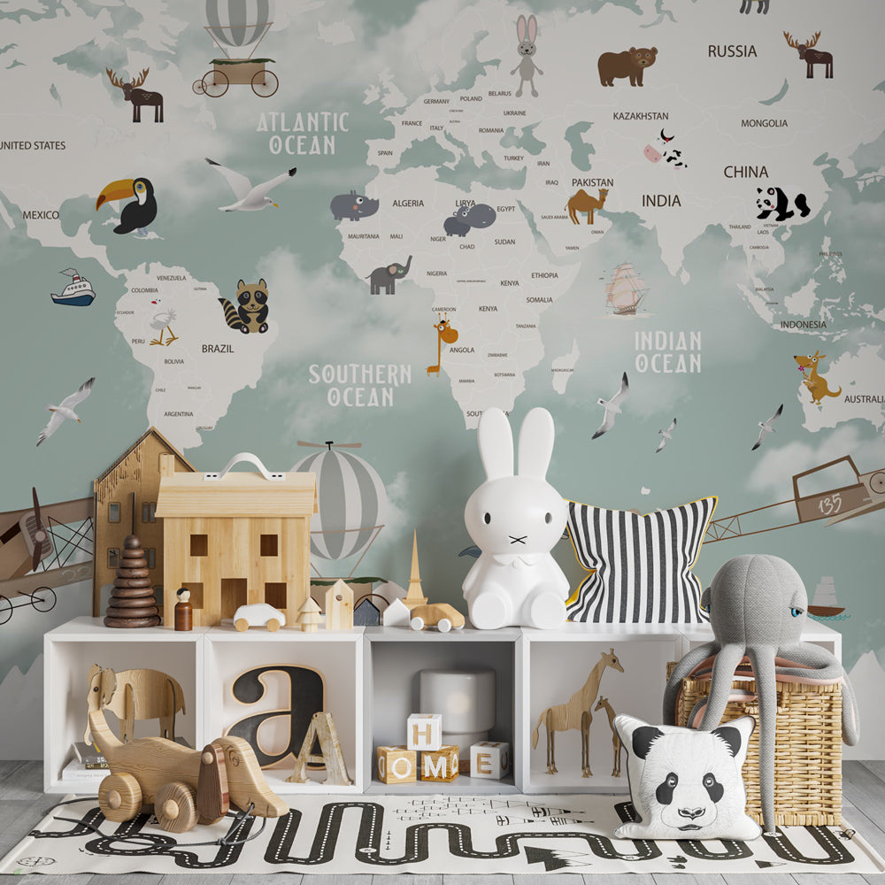 Educational world map mural wallpaper featuring hot air balloons in toddler room setting