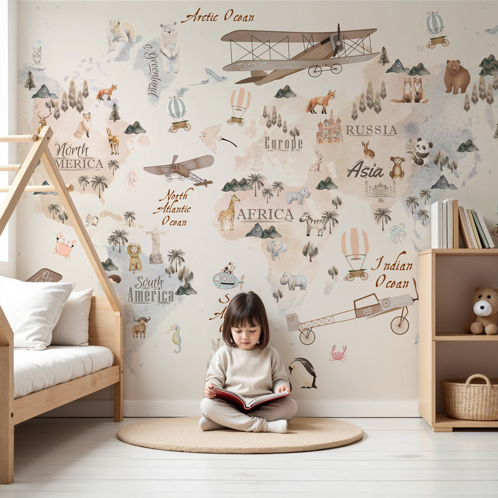 Vintage world map mural wallpaper with animals and hot air balloons in beige nursery by Kids-Mundo