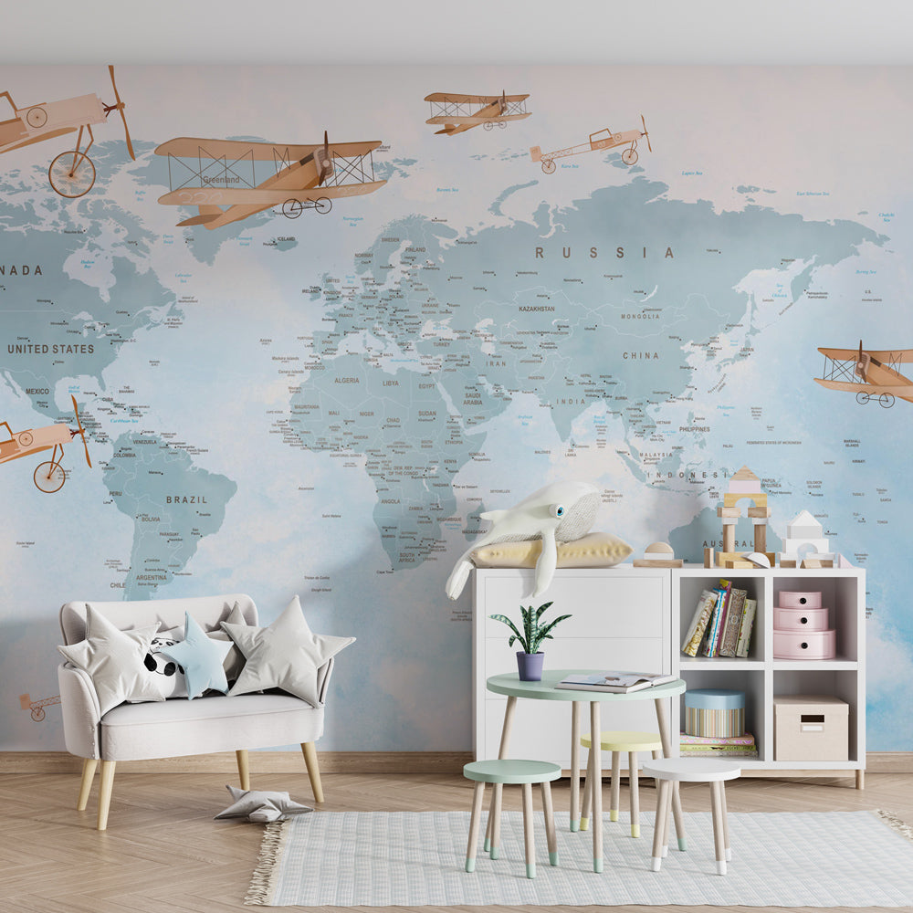 Vintage aviation world map wallpaper creating educational atmosphere in children's bedroom