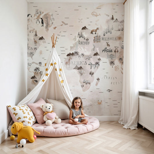 Vintage watercolor world map mural wallpaper in modern nursery with beige tones by Kids-Mundo